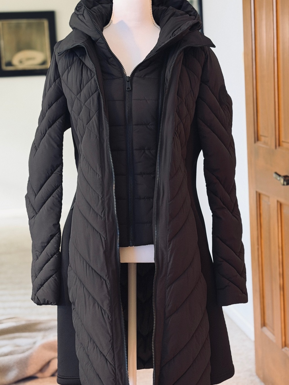 Women's Black Quilted Hooded Long Coat - Modern Winter Jacket
